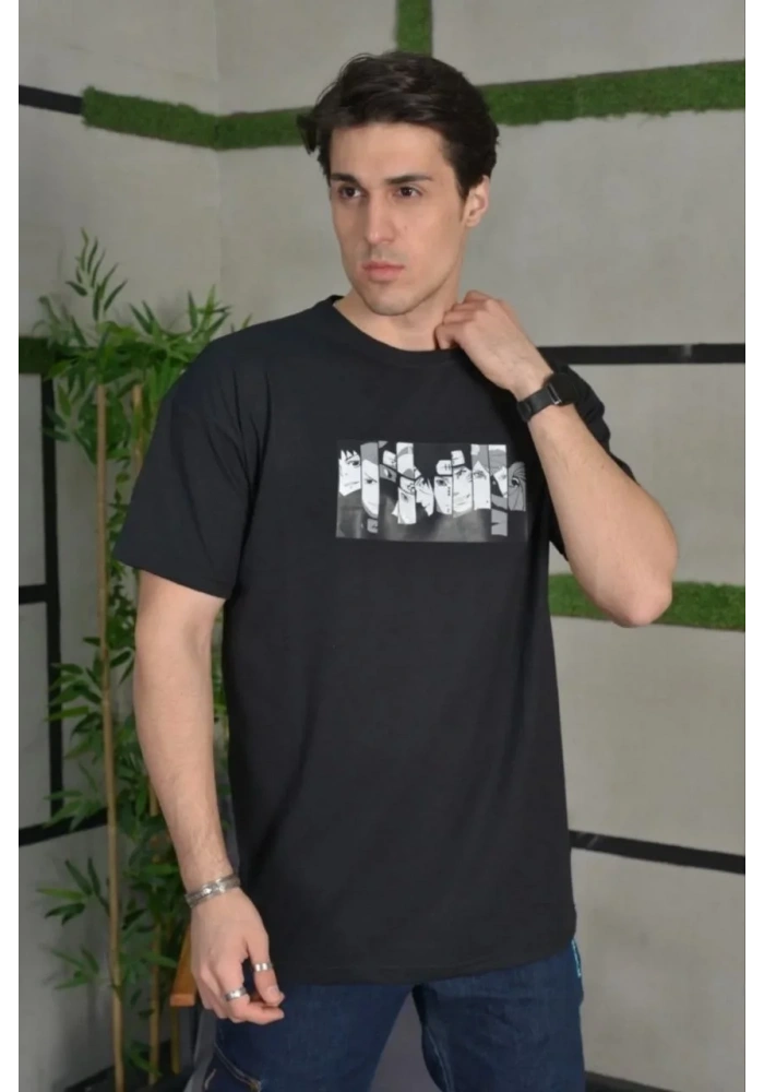 ERKEK Bisiklet Yaka Baskılı Oversize T-Shirt - Siyah