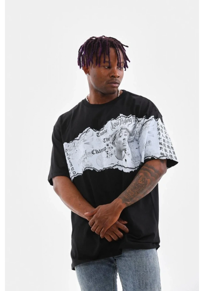 Erkek  Bisiklet Yaka Baskılı Oversize T-Shirt - Siyah