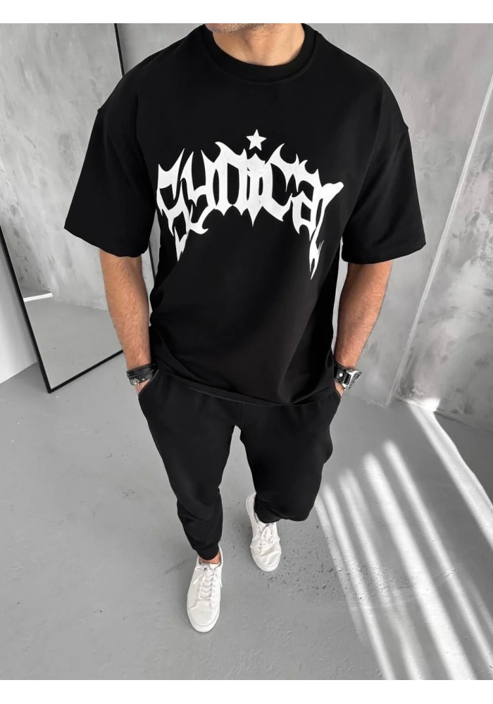 Erkek Bisiklet Yaka Baskılı Oversize T-Shirt - Siyah