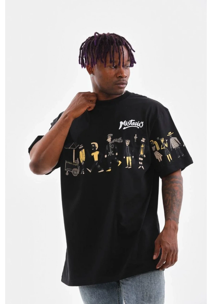 Erkek Bisiklet Yaka Baskılı Oversize T-Shirt - Siyah