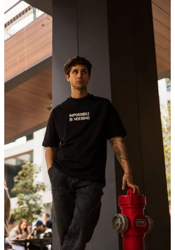 Erkek Bisiklet Yaka Baskılı Oversize T-Shirt - Siyah