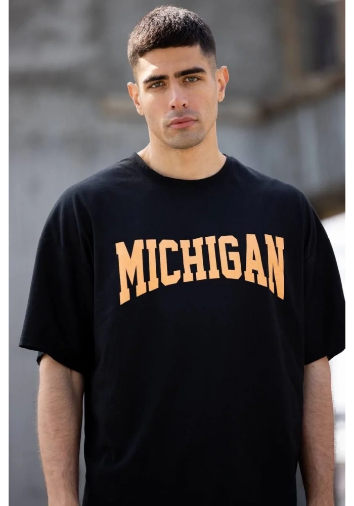 ERKEK Bisiklet Yaka Baskılı Oversize T-Shirt - Siyah