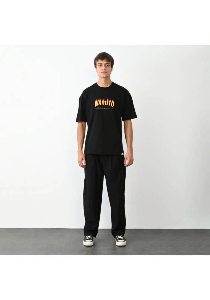 Erkek Bisiklet Yaka Baskılı Oversize T-Shirt - Siyah