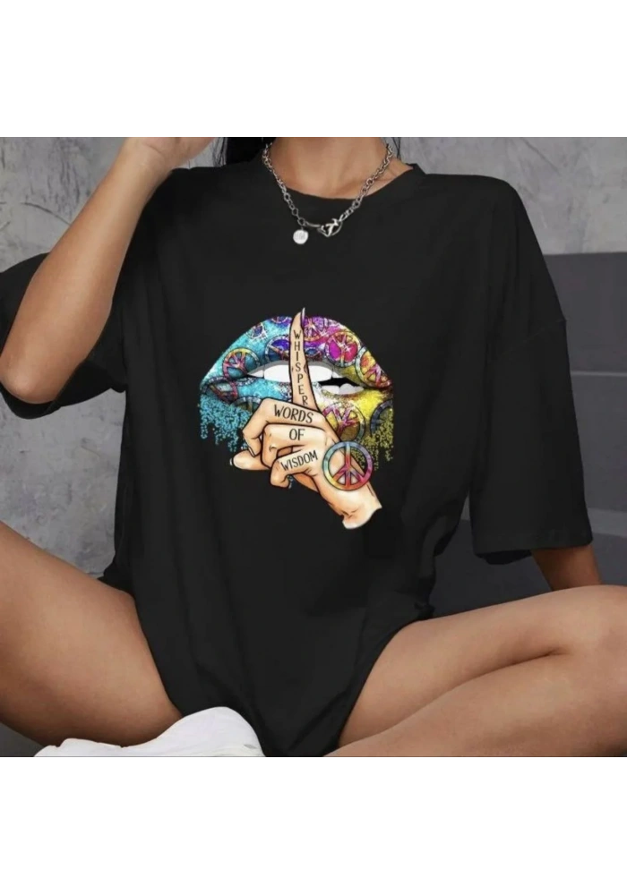 kadın  Bisiklet Yaka Baskılı Oversize T-Shirt - Siyah