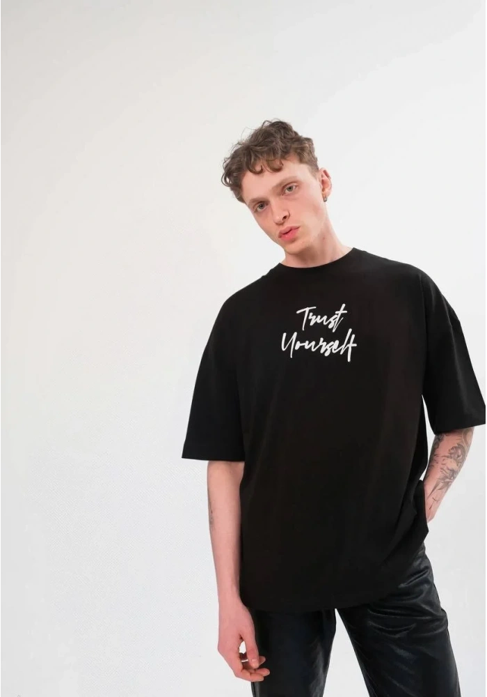 ERKEK Bisiklet Yaka Baskılı Oversize T-Shirt - Siyah