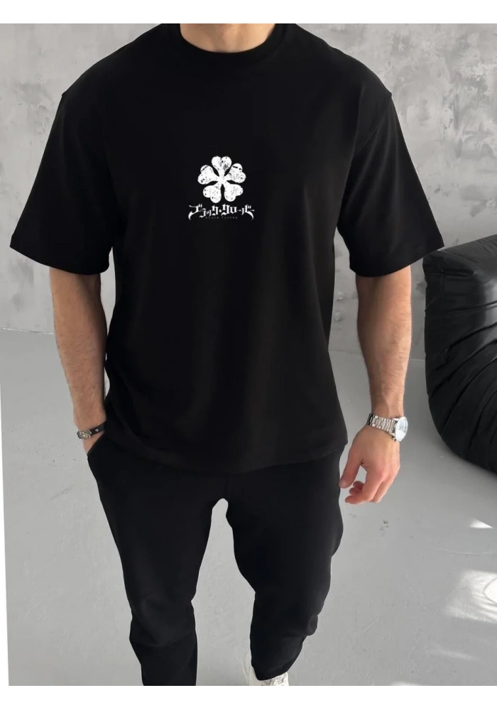 ERKEK Bisiklet Yaka Baskılı Oversize T-Shirt - Siyah