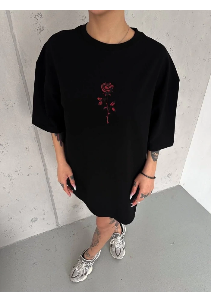 kadın Bisiklet Yaka Baskılı Oversize T-Shirt - Siyah