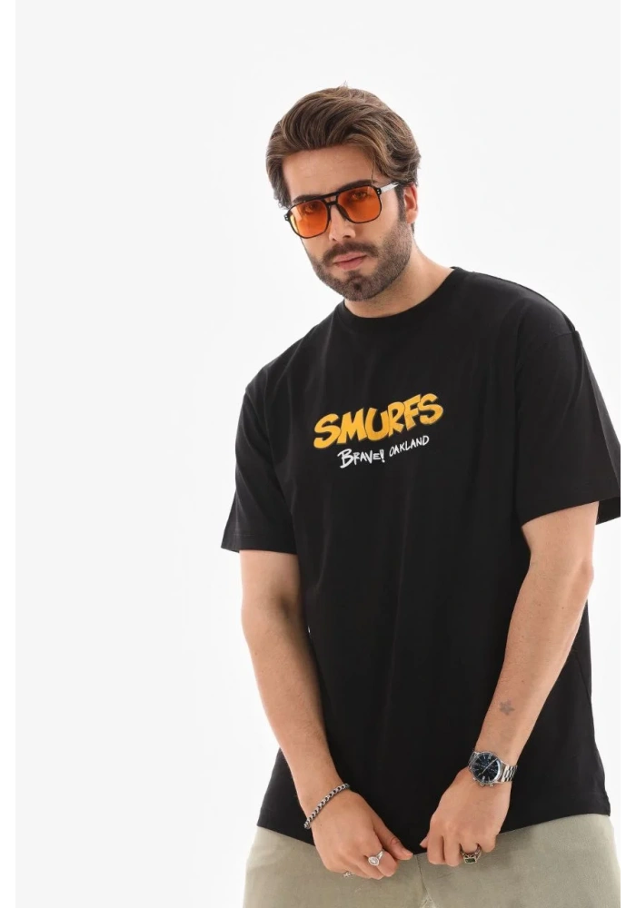 Erkek  Bisiklet Yaka Baskılı Oversize T-Shirt - Siyah