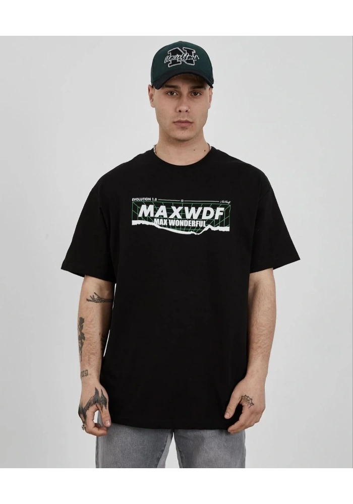 ERKEK Bisiklet Yaka Baskılı Oversize T-Shirt - Siyah