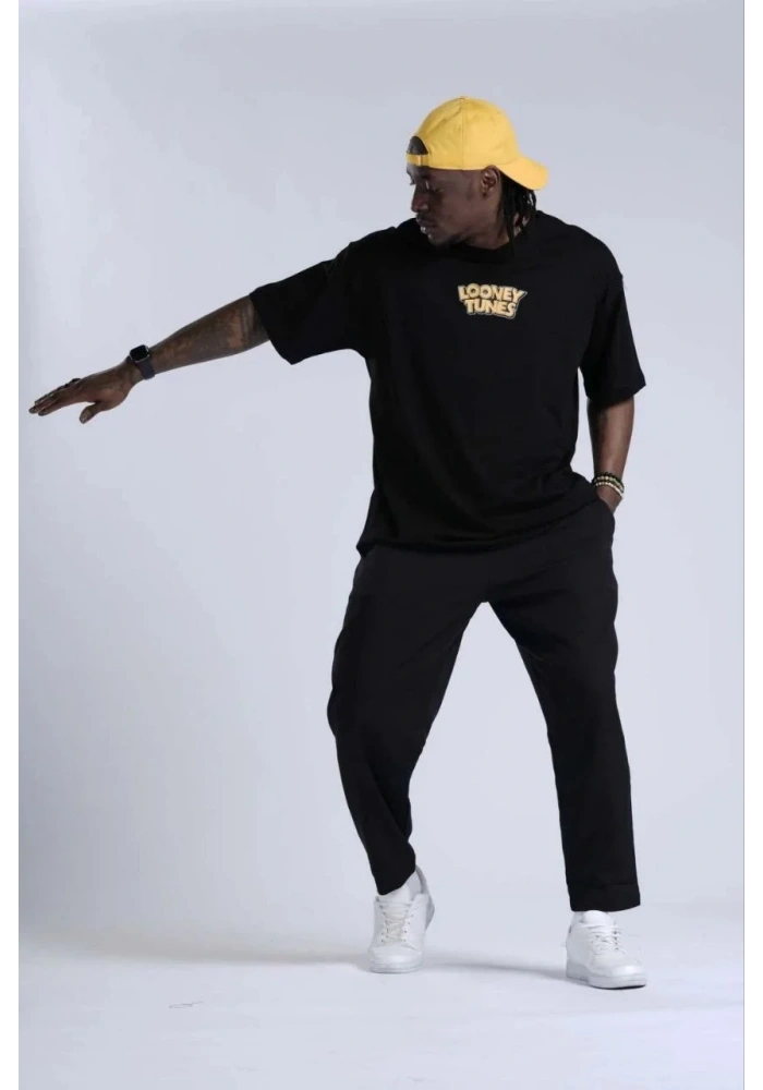 Bisiklet Yaka Baskılı Oversize T-Shirt - Siyah