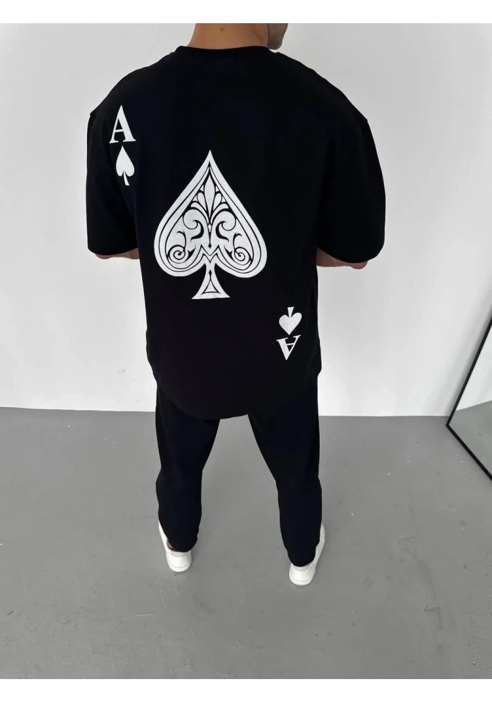 Erkek Bisiklet Yaka Baskılı Oversize T-Shirt - Siyah