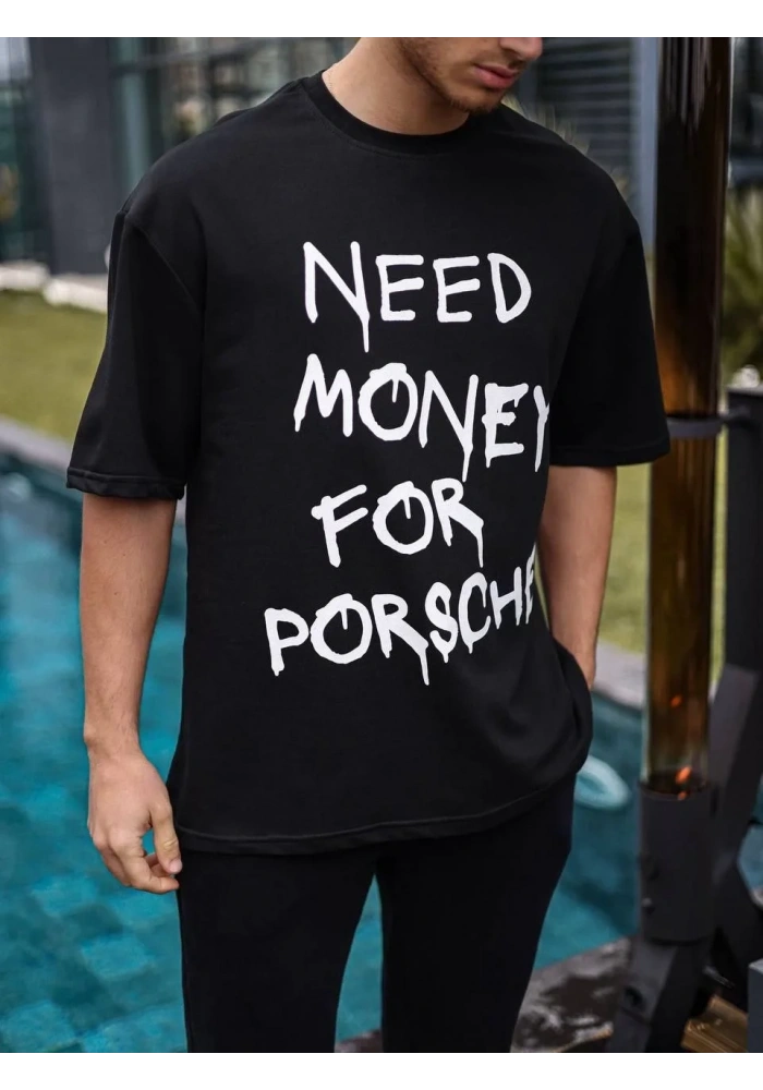 Erkek Bisiklet Yaka Baskılı Oversize T-Shirt - Siyah