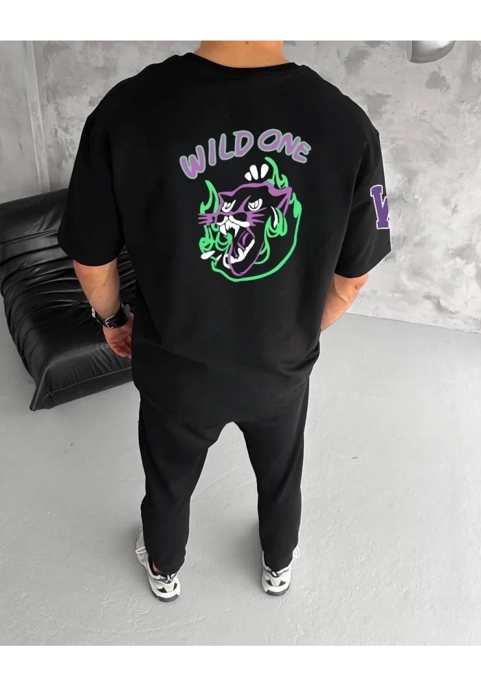 Erkek Bisiklet Yaka Baskılı Oversize T-Shirt - Siyah