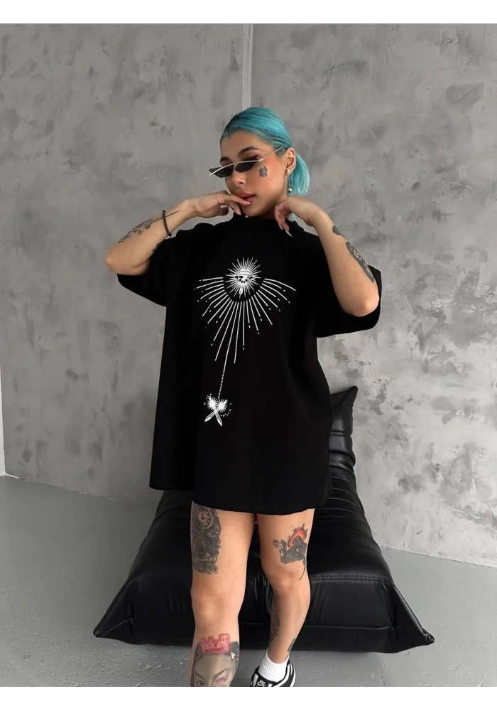 kadın Bisiklet Yaka Baskılı Oversize T-Shirt - Siyah