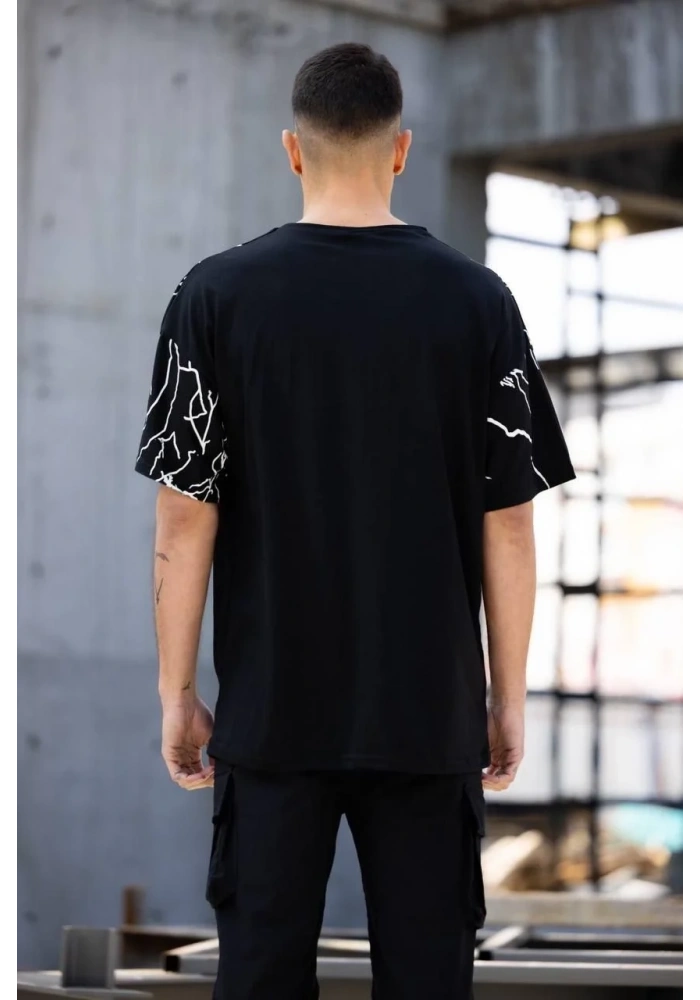 ERKEK Bisiklet Yaka Baskılı Oversize T-Shirt - Siyah