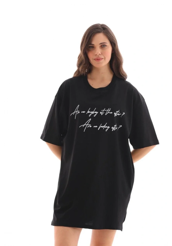 kadın  Bisiklet Yaka Baskılı Oversize T-Shirt - Siyah