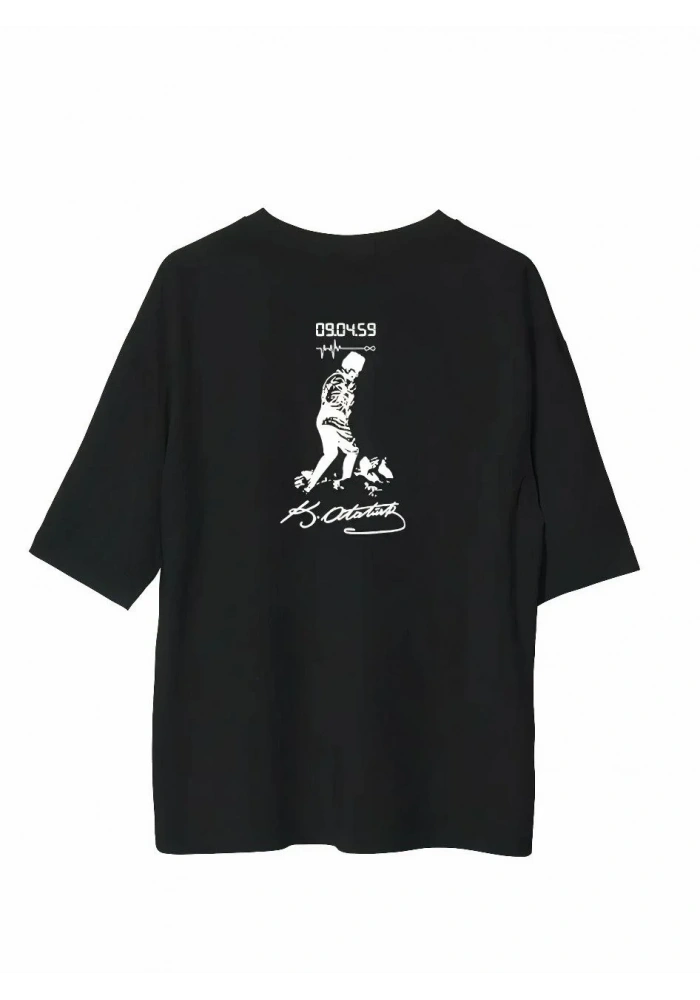 Erkek Bisiklet Yaka Baskılı Oversize T-Shirt - Siyah