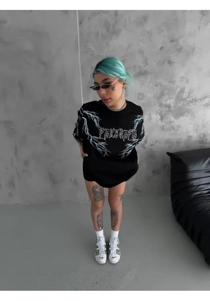 Unisex Bisiklet Yaka Baskılı Oversize T-Shirt - Siyah