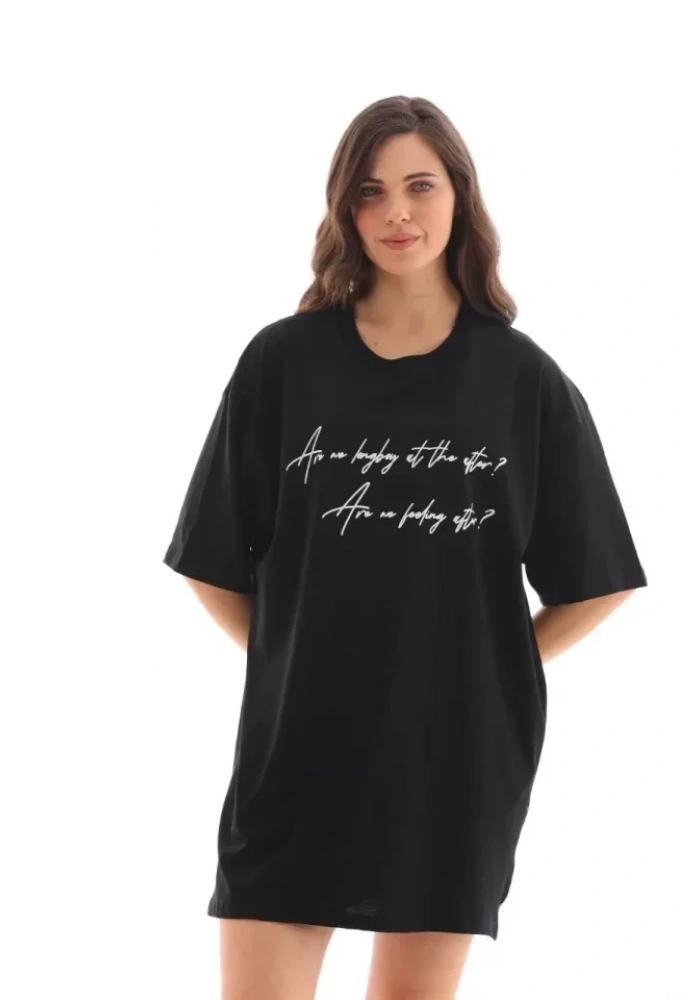 Unisex Bisiklet Yaka Baskılı Oversize T-Shirt - Siyah