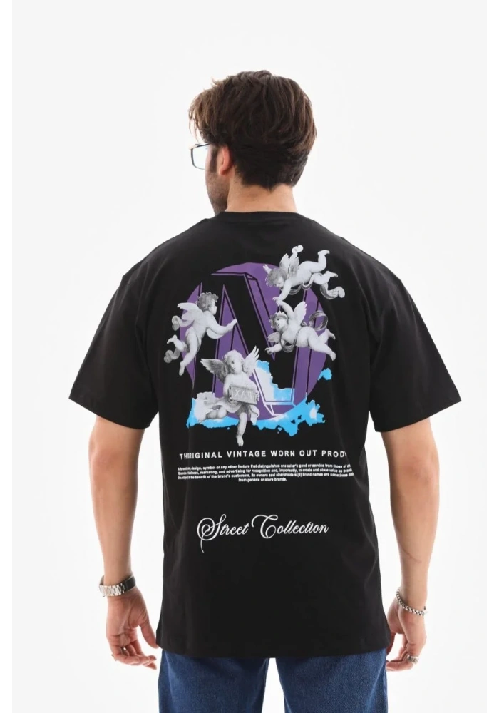 Erkek Kısa Kol Yazlık Tişört Bisiklet Yaka Baskılı Oversize T-Shirt - Siyah