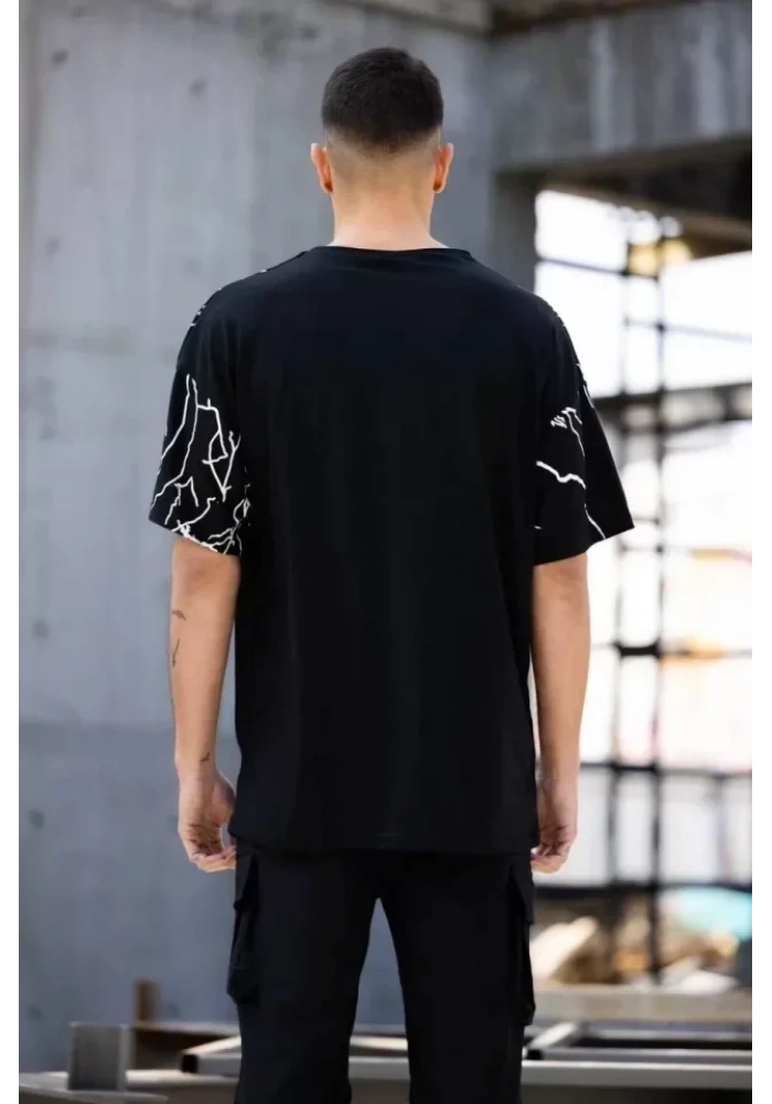 Unisex Bisiklet Yaka Baskılı Oversize T-Shirt - Siyah