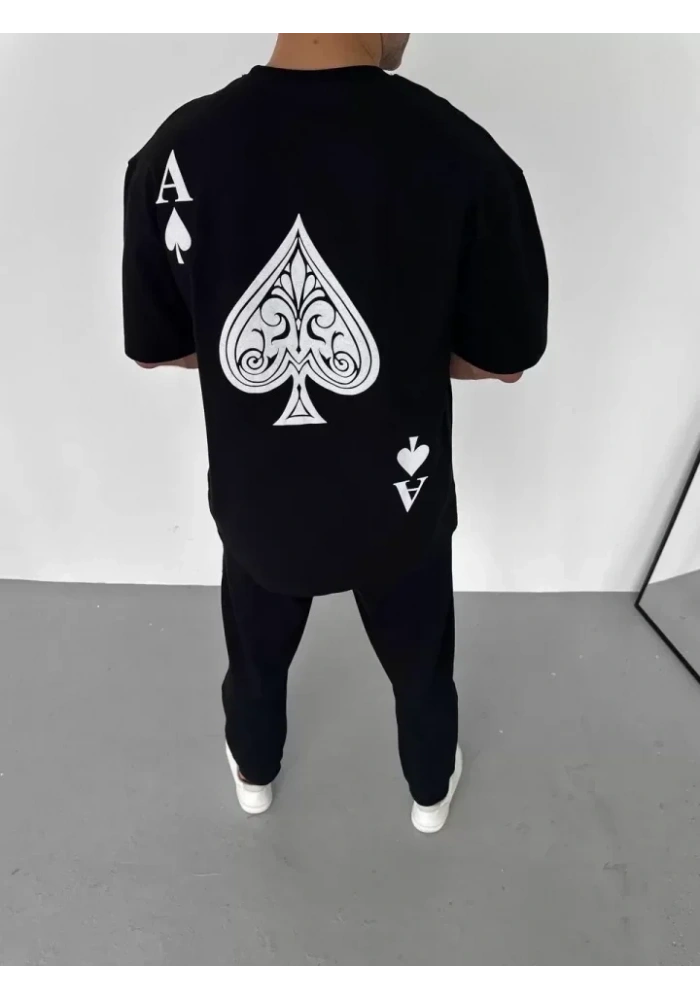 Unisex Bisiklet Yaka Baskılı Oversize T-Shirt - Siyah