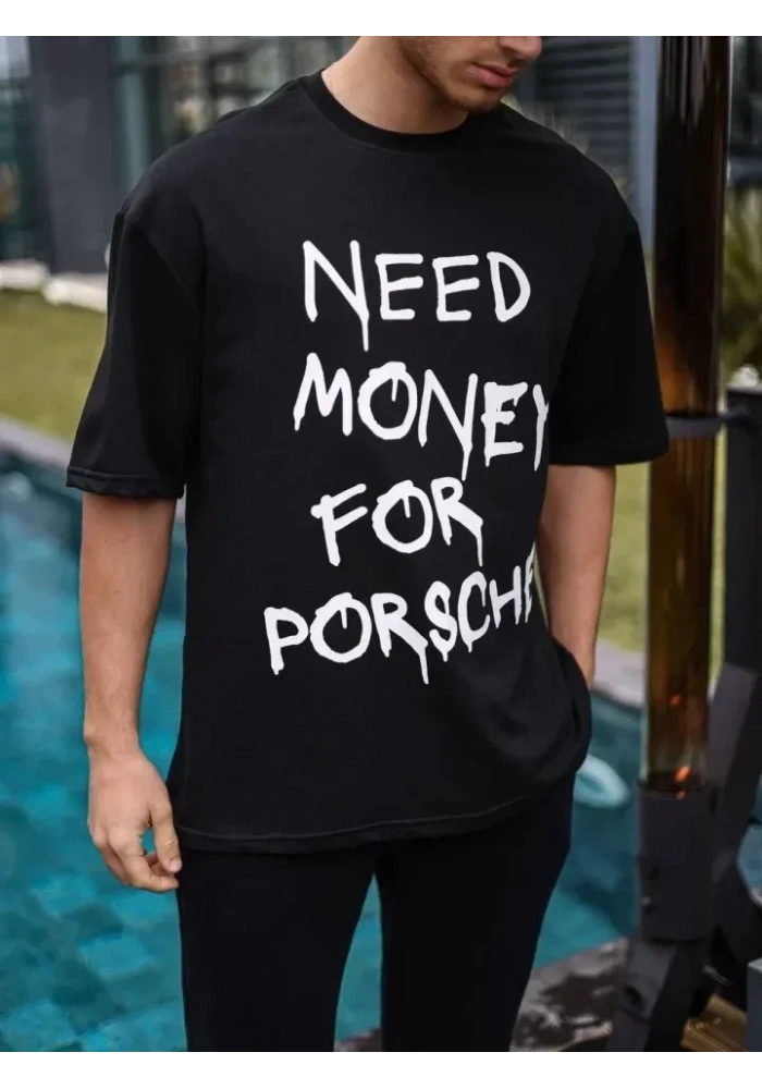 Unisex Bisiklet Yaka Baskılı Oversize T-Shirt - Siyah