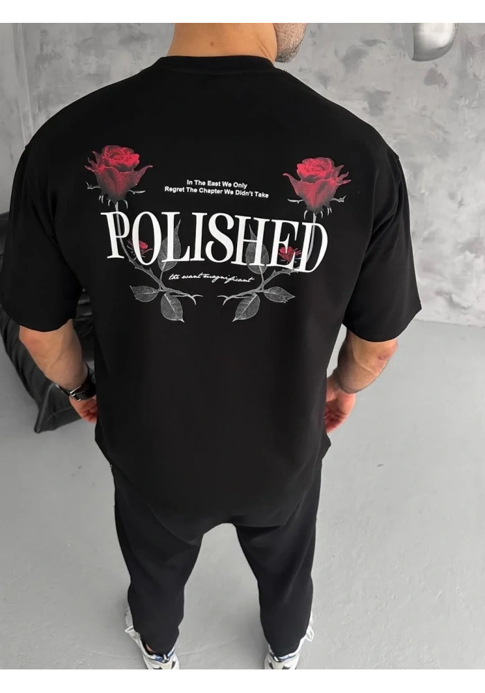 Erkek  Bisiklet Yaka Baskılı Oversize T-Shirt - Siyah