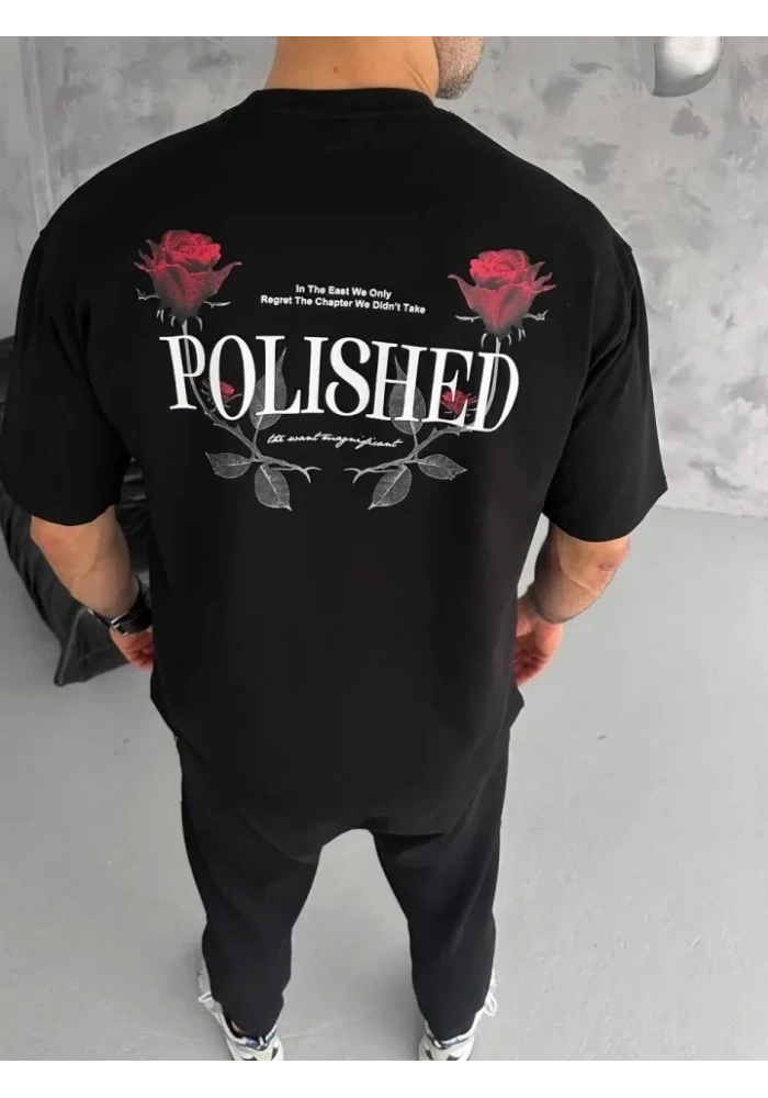 Unisex Bisiklet Yaka Baskılı Oversize T-Shirt - Siyah