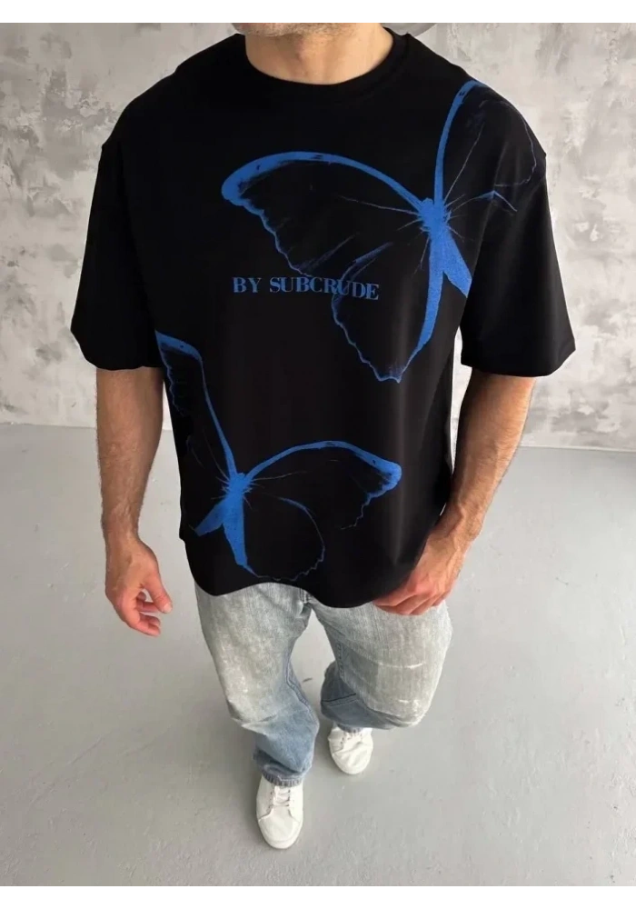 Unisex Bisiklet Yaka Baskılı Oversize T-Shirt - Siyah