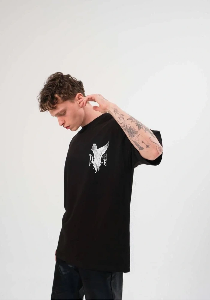 Erkek Bisiklet Yaka Baskılı Oversize T-Shirt - Siyah