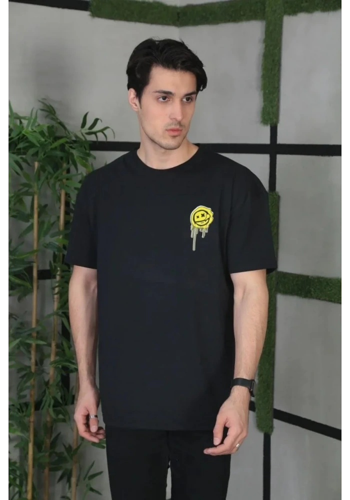 ERKEK Bisiklet Yaka Baskılı Oversize T-Shirt - Siyah