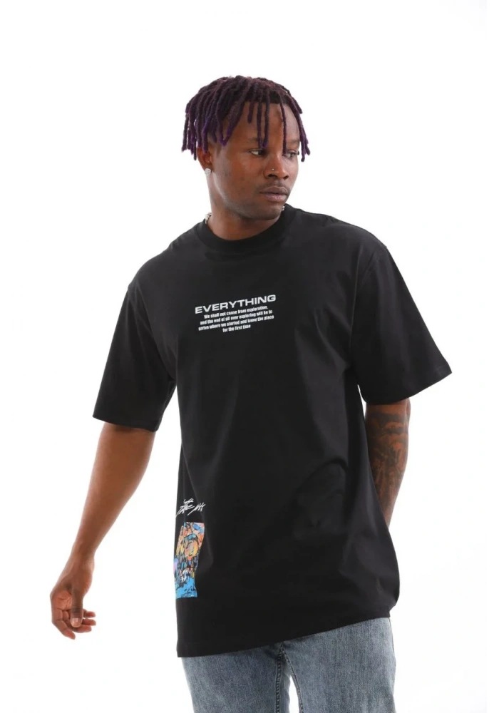 Erkek Bisiklet Yaka Baskılı Oversize T-Shirt - Siyah