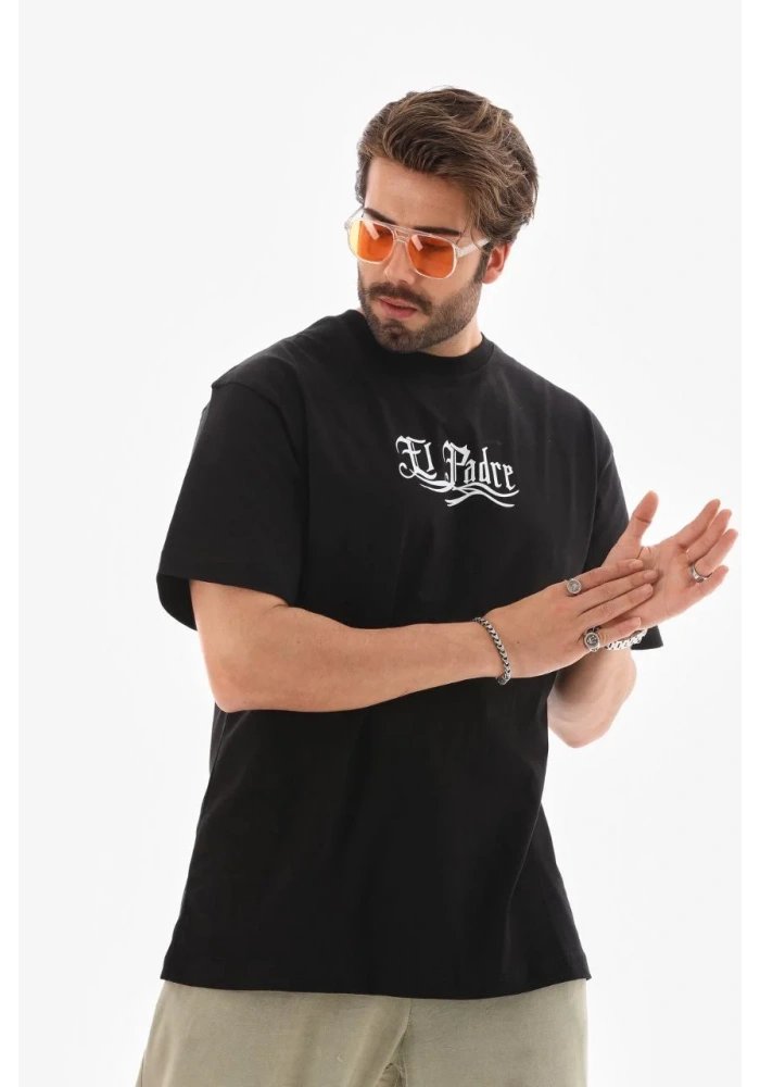 Erkek Bisiklet Yaka Baskılı Oversize T-Shirt - Siyah