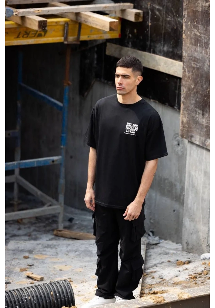 ERKEK Bisiklet Yaka Baskılı Oversize T-Shirt - Siyah