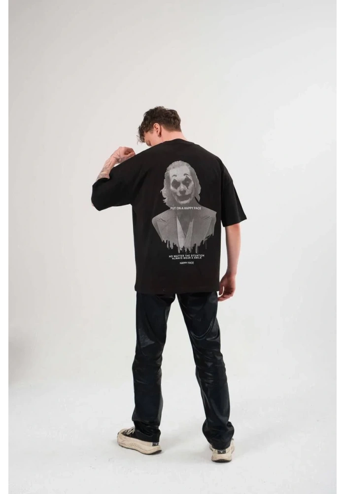 Erkek  Bisiklet Yaka Baskılı Oversize T-Shirt - Siyah