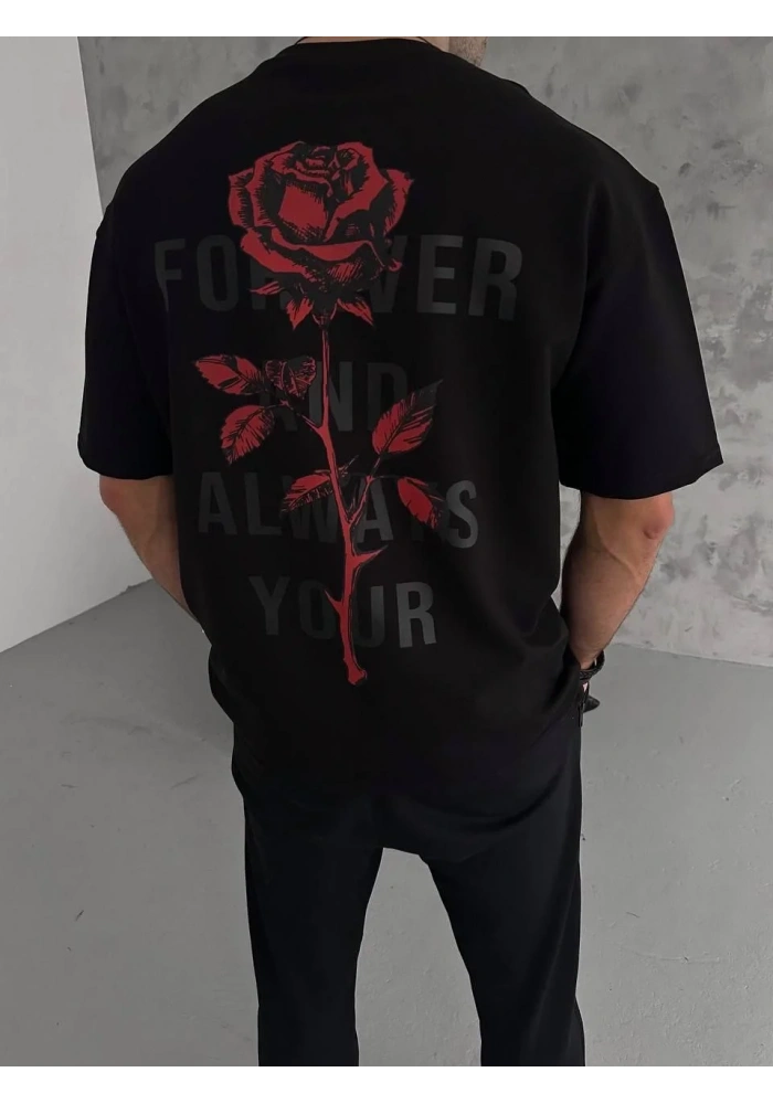 Erkek Bisiklet Yaka Baskılı Oversize T-Shirt - Siyah