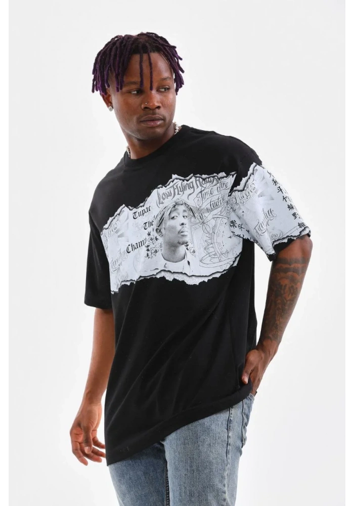 Erkek  Bisiklet Yaka Baskılı Oversize T-Shirt - Siyah