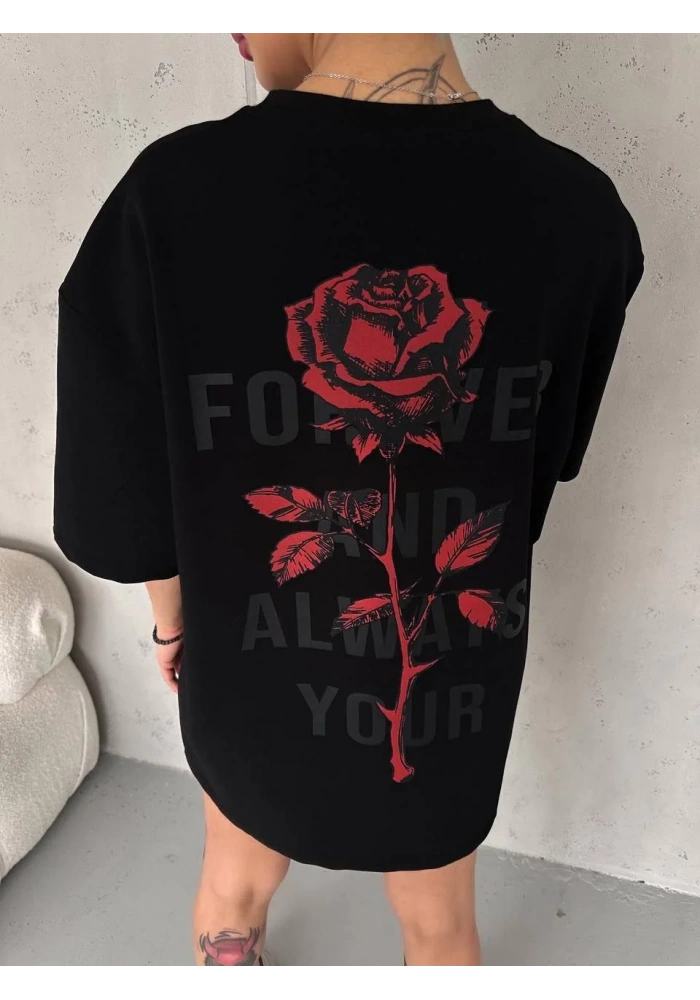 kadın Bisiklet Yaka Baskılı Oversize T-Shirt - Siyah