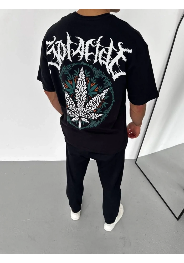 ERKEK Bisiklet Yaka Baskılı Oversize T-Shirt - Siyah