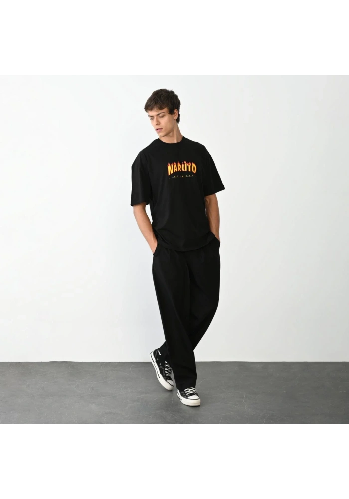 Erkek Bisiklet Yaka Baskılı Oversize T-Shirt - Siyah