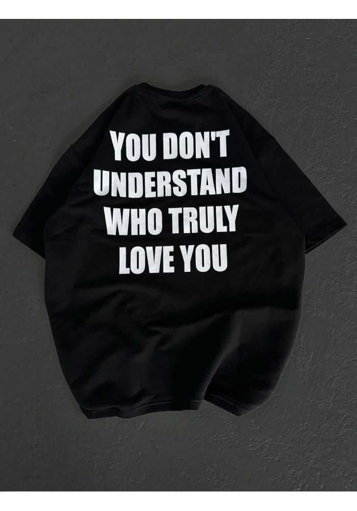 Kadın Bisiklet Yaka Baskılı Oversize T-Shirt - Siyah