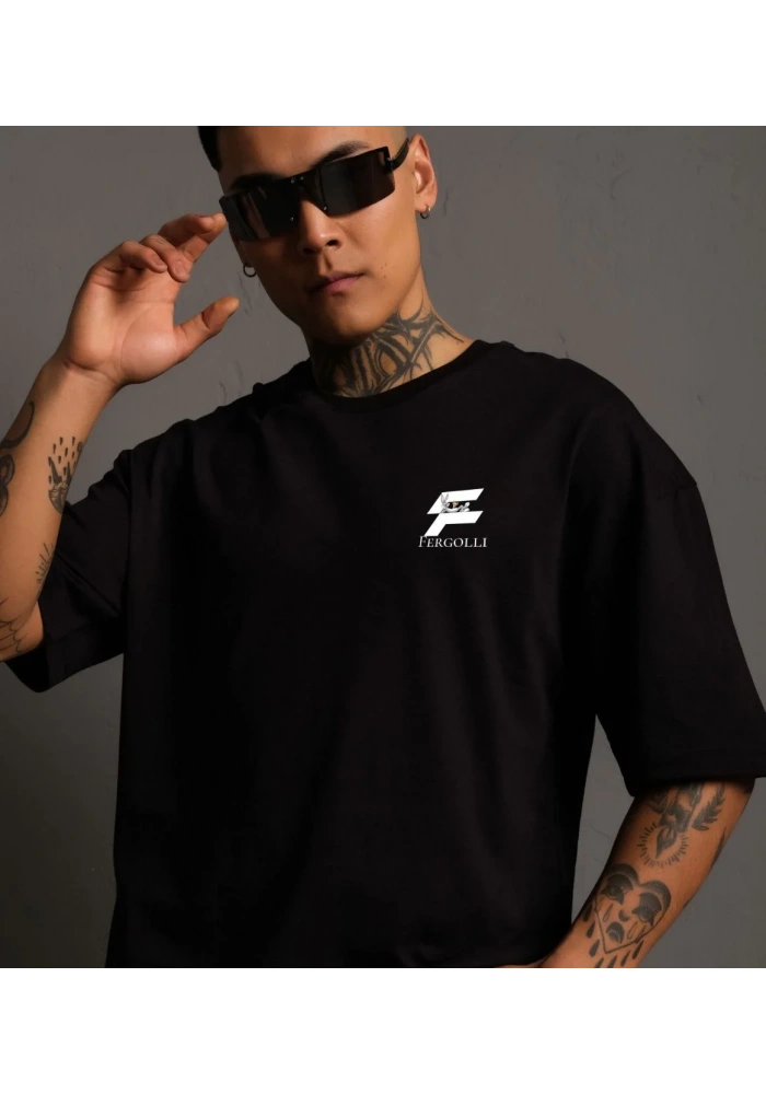 Erkek  Bisiklet Yaka Baskılı Oversize T-Shirt - Siyah