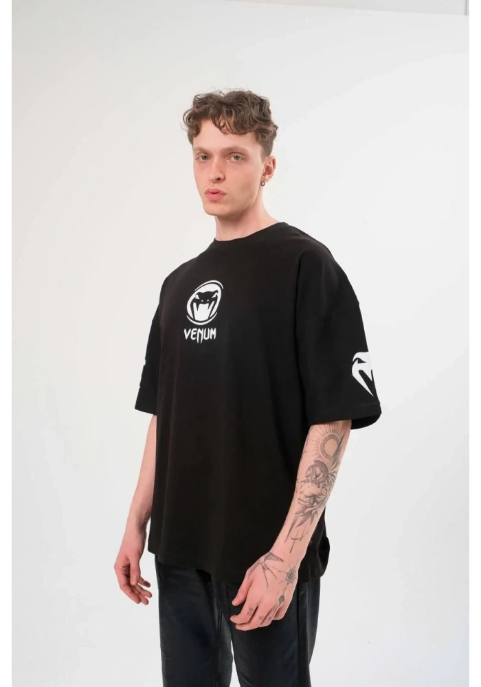 Erkek  Bisiklet Yaka Baskılı Oversize T-Shirt - Siyah