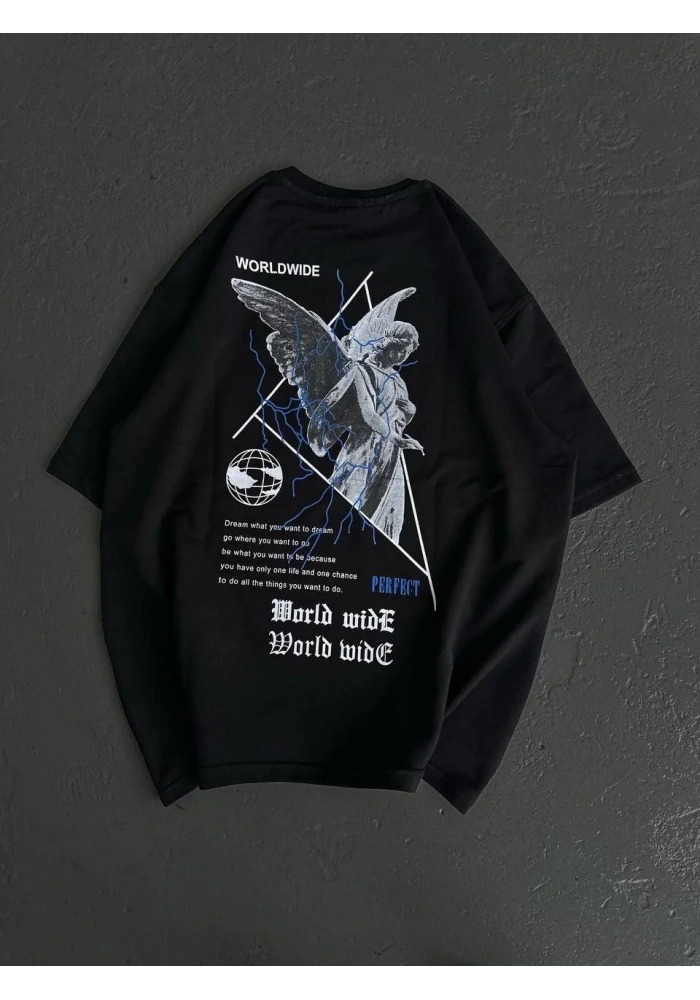 kadın Bisiklet Yaka Baskılı Oversize T-Shirt - Siyah