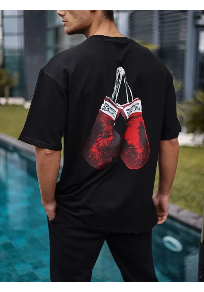 Erkek  Bisiklet Yaka Baskılı Oversize T-Shirt - Siyah