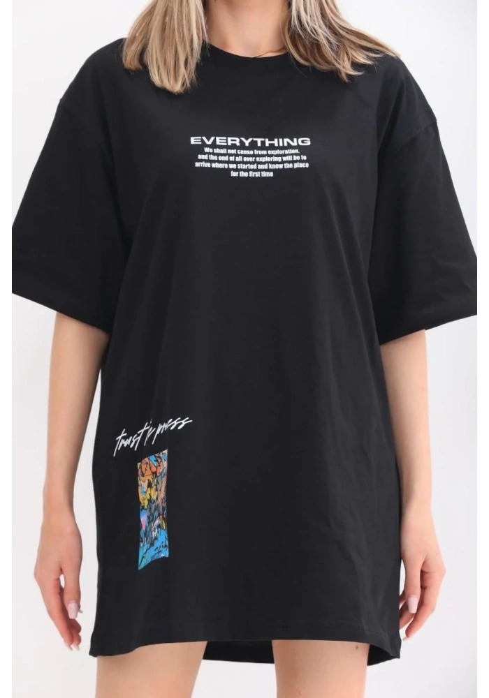 kadın  Bisiklet Yaka Baskılı Oversize T-Shirt - Siyah