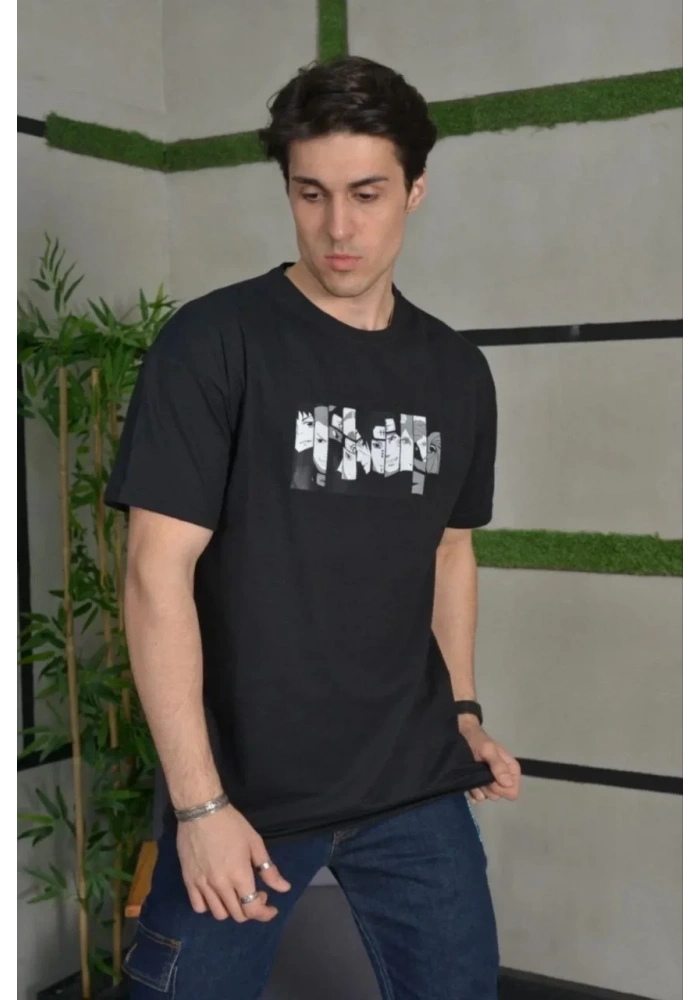 ERKEK Bisiklet Yaka Baskılı Oversize T-Shirt - Siyah