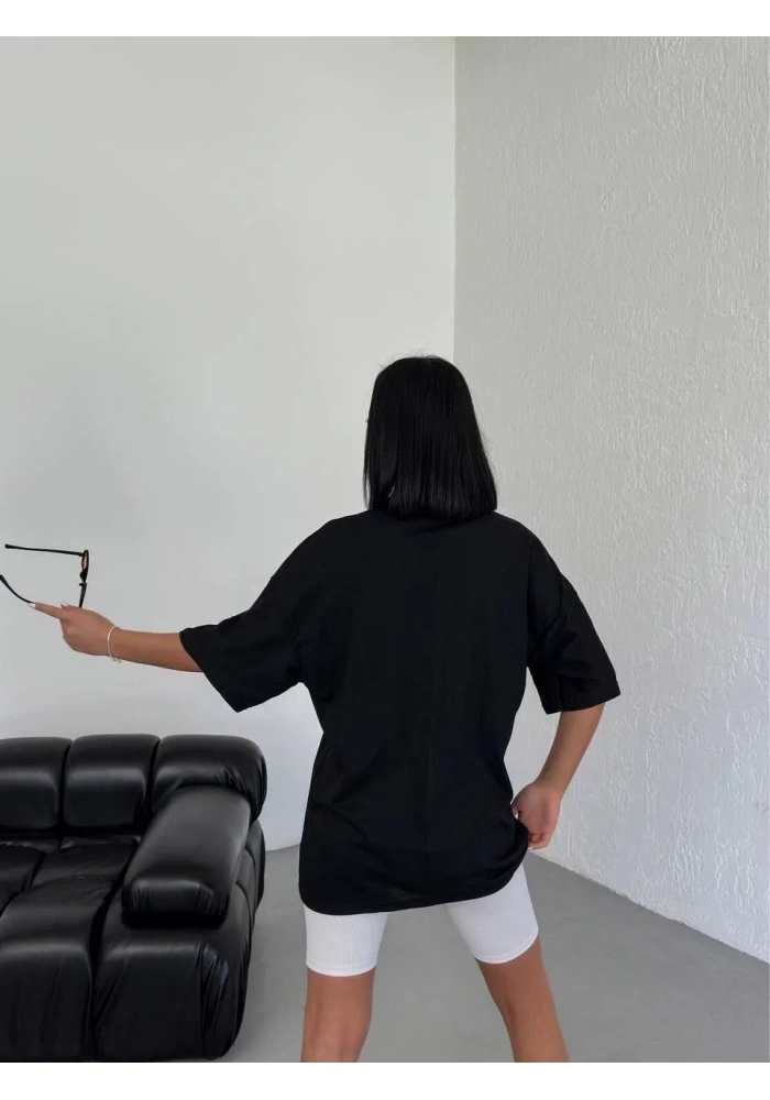 kadın  Bisiklet Yaka Baskılı Oversize T-Shirt - Siyah