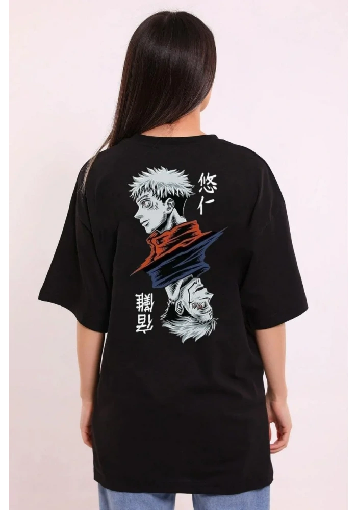 kadın  Bisiklet Yaka Baskılı Oversize T-Shirt - Siyah